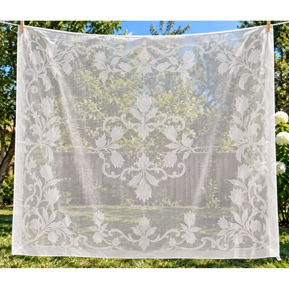 Vintage Cotofer Spain Sheer Damask Tablecloth 48" Square White Floral Tulip